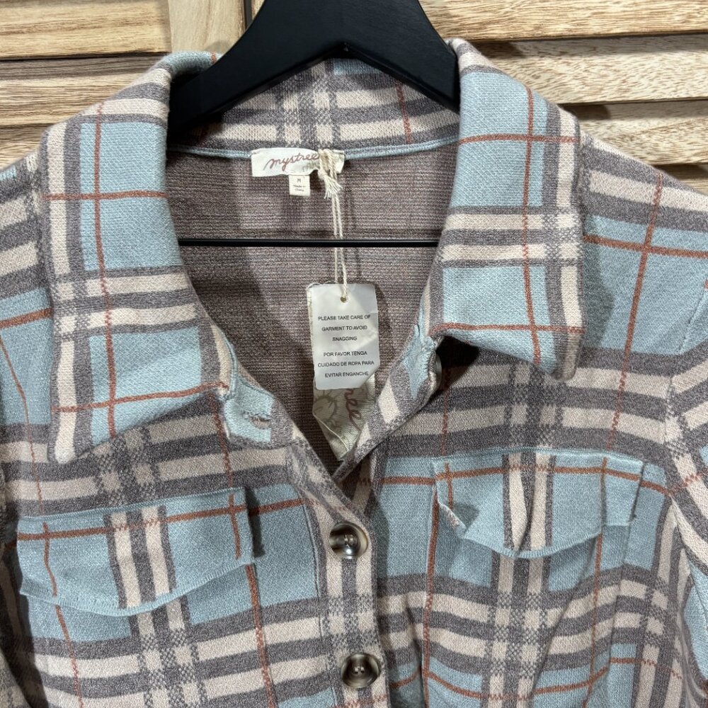 Mystree NWT Blue Plaid Flannel Shacket Women’s M Tunic Soft Viscose Blend